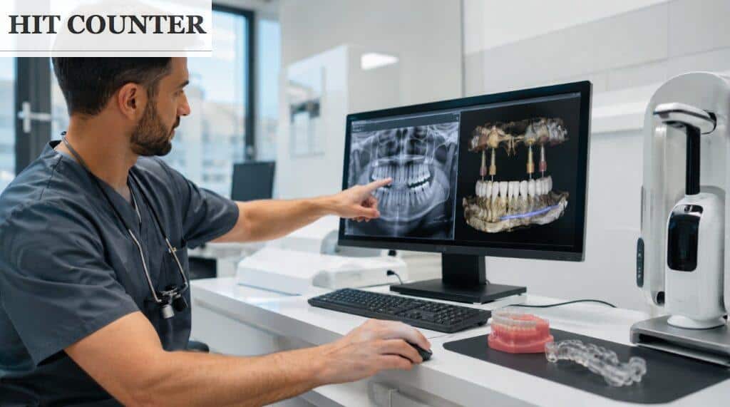 Odontólogo planificando una cirugía guiada de implantes con un escáner 3D