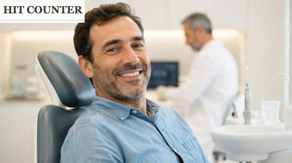 Paciente sonriendo en una clínica dental moderna antes de un tratamiento de implantes
