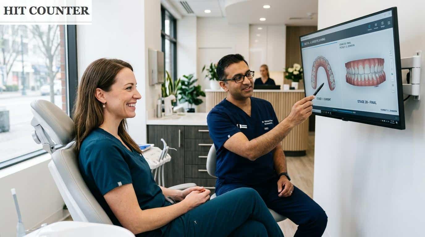 Adulto revisando tratamiento de ortodoncia invisible en clínica dental