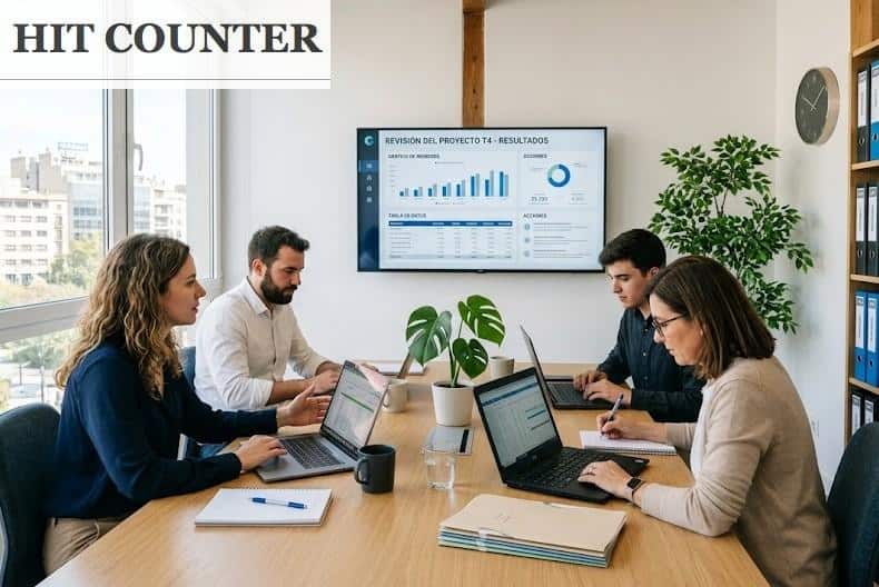 Equipo organizando información empresarial en una oficina moderna