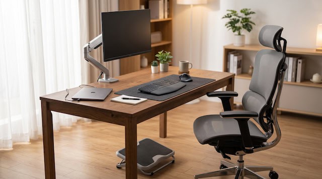 Silla, pantalla y accesorios colocados para trabajar cómodamente