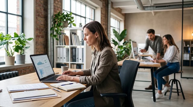 Equipo de una pequeña empresa trabajando con herramientas digitales