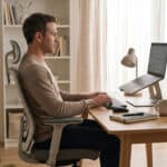 Persona trabajando en un escritorio con una configuración ergonómica