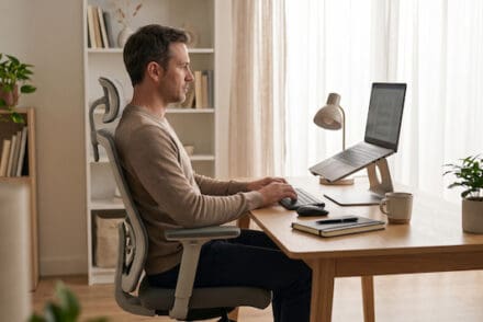 Persona trabajando en un escritorio con una configuración ergonómica