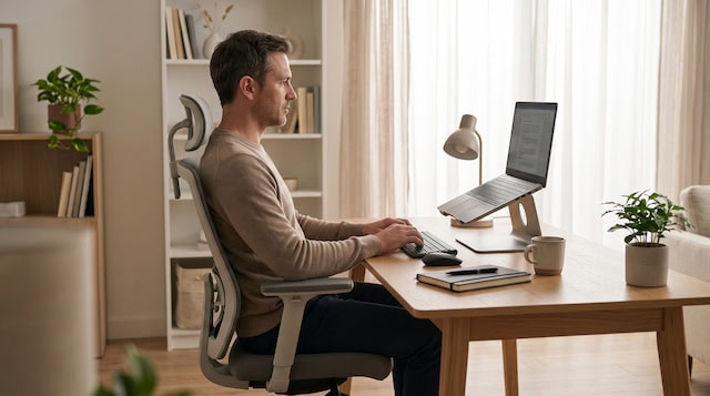 Persona trabajando en un escritorio con una configuración ergonómica
